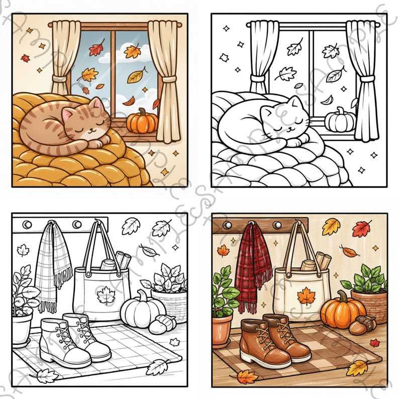 May include: A cozy autumn illustration featuring a sleeping cat on a blanket near a window with falling leaves and a pumpkin. The image also includes a tote bag, boots, and a scarf, evoking a fall theme.