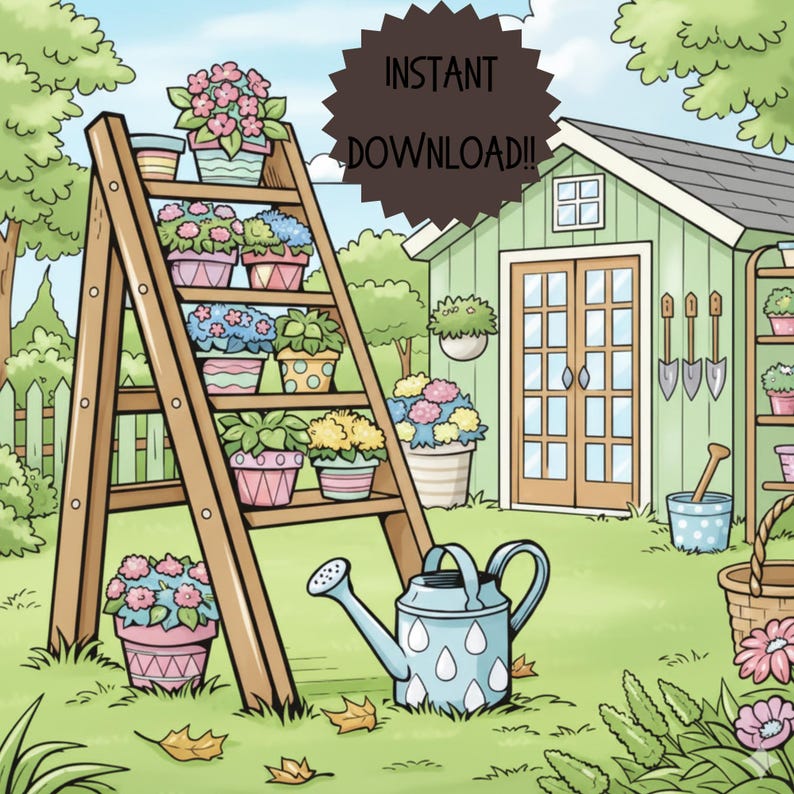 May include: A cartoon illustration of a garden scene with a wooden ladder shelf holding potted flowers. A light blue watering can with white polka dots sits on the grass. The text "INSTANT DOWNLOAD!!" is in a brown starburst.
