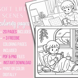 Soft Life Scenes Coloring Book - Relaxing Kawaii Illustrations, 20+ Pages (Digital Download) image 4
