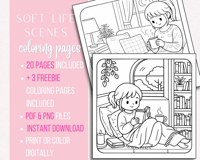 Soft Life Scenes Coloring Book - Relaxing Kawaii Illustrations, 20+ Pages (Digital Download) image 4