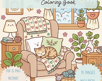 Kawaii Cozy Home Coloring Book Printable – Cute Aesthetic Room Scenes, Cozy Living Spaces Coloring Pages, Digital Coloring Book PDF & PNG