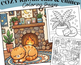 Cozy Kawaii Cats Coloring Book, Clutter Coloring Pages, 50 Page Coloring