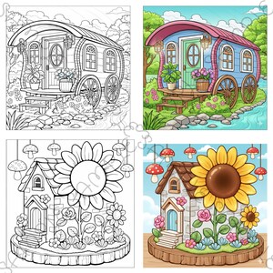May include: A split image featuring two illustrations of a colorful caravan and a house with a sunflower. The caravan illustrations are in black and white and in color. The house illustrations are also in black and white and in color.