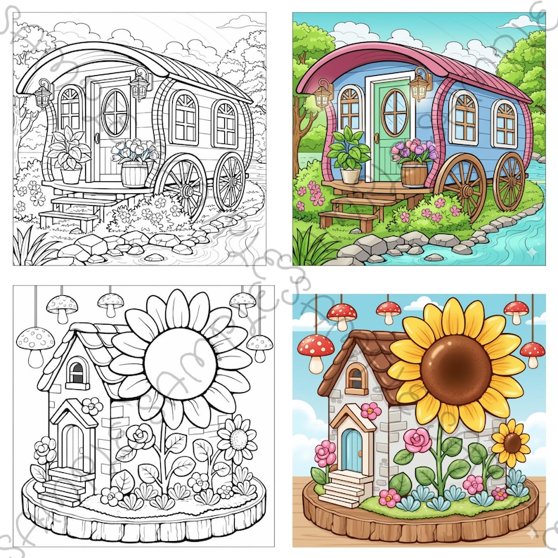 May include: A split image featuring two illustrations of a colorful caravan and a house with a sunflower. The caravan illustrations are in black and white and in color. The house illustrations are also in black and white and in color.