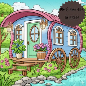 May include: A colorful illustration of a whimsical caravan with a blue exterior, pink roof, and wooden wheels. The caravan has a green door, arched windows, and is surrounded by lush greenery, flowers, and a small stream. Text on the image says "PDF & PNG FILES INCLUDED!!"