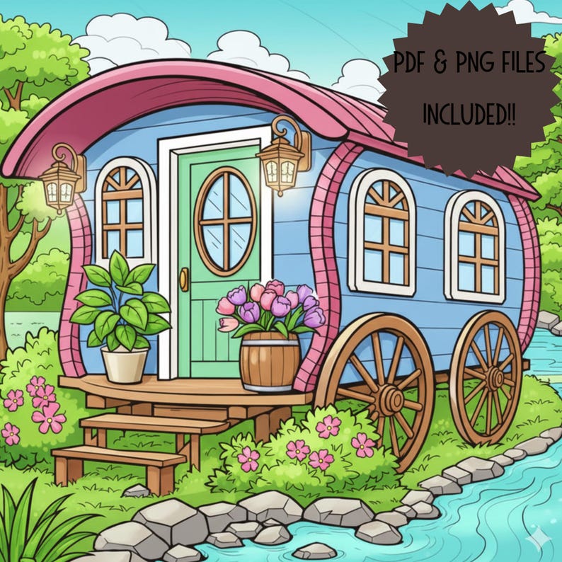May include: A colorful illustration of a whimsical caravan with a blue exterior, pink roof, and wooden wheels. The caravan has a green door, arched windows, and is surrounded by lush greenery, flowers, and a small stream. Text on the image says "PDF & PNG FILES INCLUDED!!"