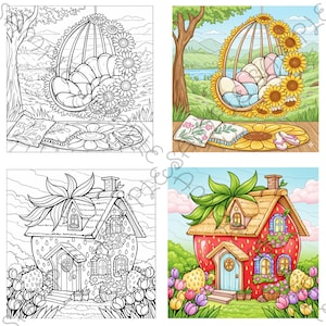 May include: A coloring book page featuring two outdoor scenes and two illustrations of a strawberry house. One scene shows a hanging chair surrounded by sunflowers. The other scene shows a hanging chair with pillows and a sunflower rug. The strawberry house illustrations are in color and black and white.