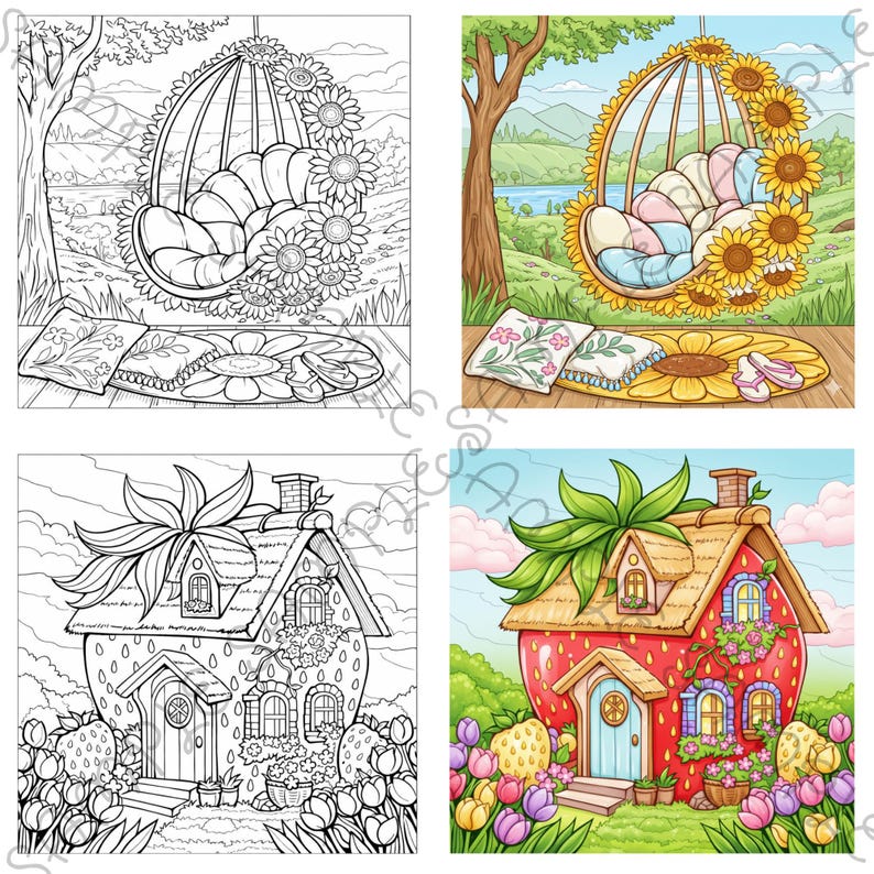 May include: A coloring book page featuring two outdoor scenes and two illustrations of a strawberry house. One scene shows a hanging chair surrounded by sunflowers. The other scene shows a hanging chair with pillows and a sunflower rug. The strawberry house illustrations are in color and black and white.