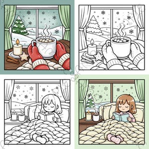 May include: A cozy winter scene illustration. A mug of hot chocolate is held by red mittens, with a lit candle, star-shaped cookie, and cinnamon sticks on a wooden table. A window shows a snowy landscape.