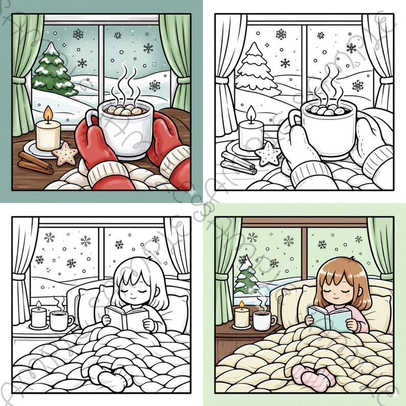 May include: A cozy winter scene illustration. A mug of hot chocolate is held by red mittens, with a lit candle, star-shaped cookie, and cinnamon sticks on a wooden table. A window shows a snowy landscape.