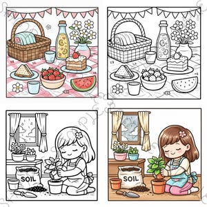 May include: Four-panel illustration featuring picnic and gardening scenes. The picnic scenes show baskets, food, and drinks on a checkered blanket. The gardening scenes depict a girl planting flowers with soil and tools.