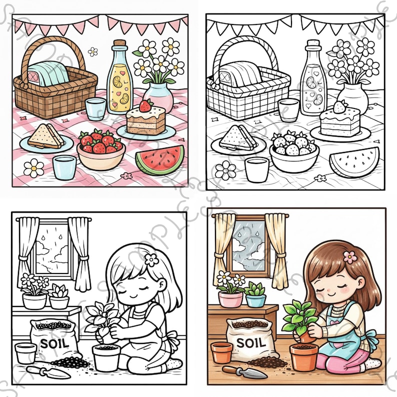 May include: Four-panel illustration featuring picnic and gardening scenes. The picnic scenes show baskets, food, and drinks on a checkered blanket. The gardening scenes depict a girl planting flowers with soil and tools.