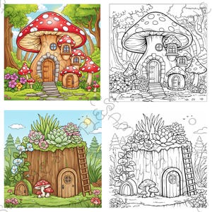 May include: Four colorful illustrations of whimsical mushroom houses and a tree stump house. The first image is a colored illustration of a mushroom house with a red cap and white spots. The second image is a black and white line drawing of a mushroom house. The third image is a colored illustration of a tree stump house. The fourth image is a black and white line drawing of a tree stump house.