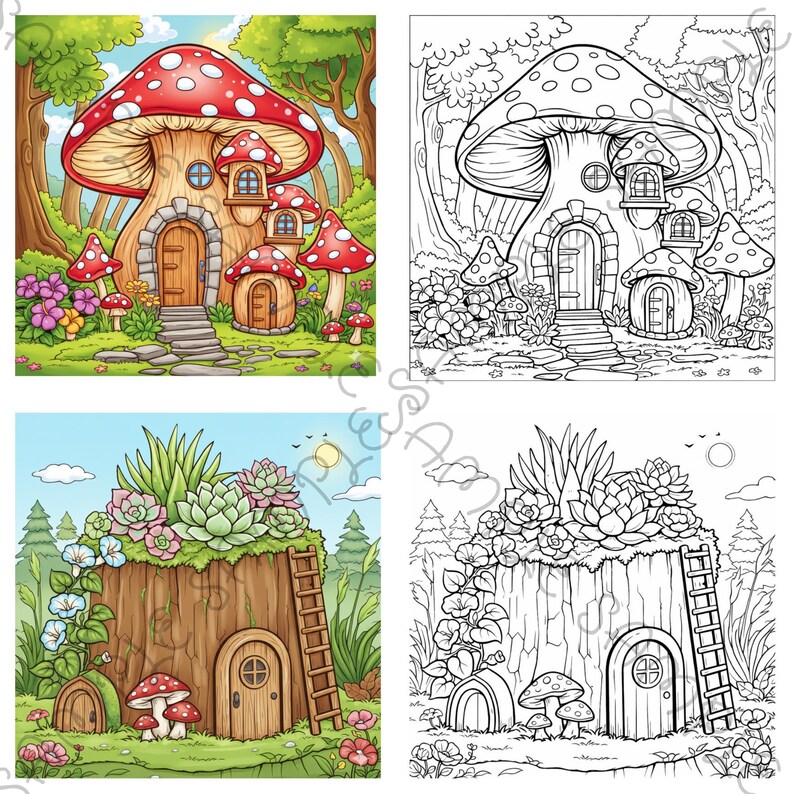 May include: Four colorful illustrations of whimsical mushroom houses and a tree stump house. The first image is a colored illustration of a mushroom house with a red cap and white spots. The second image is a black and white line drawing of a mushroom house. The third image is a colored illustration of a tree stump house. The fourth image is a black and white line drawing of a tree stump house.