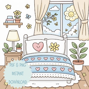 かわいい春のぬり絵 – 居心地の良いキッチンと春の花 | 10ページのデジタルダウンロード（PDF + PNG）