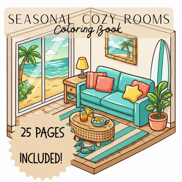 Cozy Seasonal Rooms Coloring Book | 25 Cozy Interior Scenes | Relaxing Adult Coloring Pages | Aesthetic Home Rooms | Printable PDF