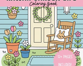 May include: A coloring book titled "KAWAII GARDEN LIFE" with a garden scene illustration. The image features a wooden rocking chair with a bunny pillow, potted flowers, and a door with a wreath. The text "12+ PAGES INCLUDED!" is also visible.