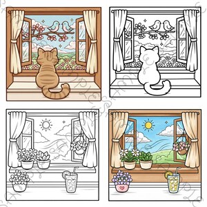 May include: A cartoon illustration of a cat looking out a window at birds on a flowering branch. The window is open, revealing a blue sky and a green landscape. Curtains frame the window.