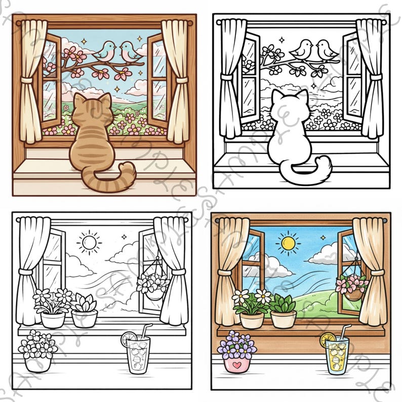 May include: A cartoon illustration of a cat looking out a window at birds on a flowering branch. The window is open, revealing a blue sky and a green landscape. Curtains frame the window.