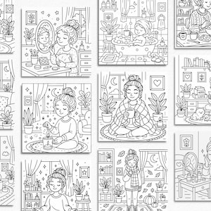 Cozy Girl Coloring Book Printable – Cute Aesthetic Self-Care Coloring Pages, Relaxing Stress-Relief Art, Digital Coloring Book PDF, 50+ Page
