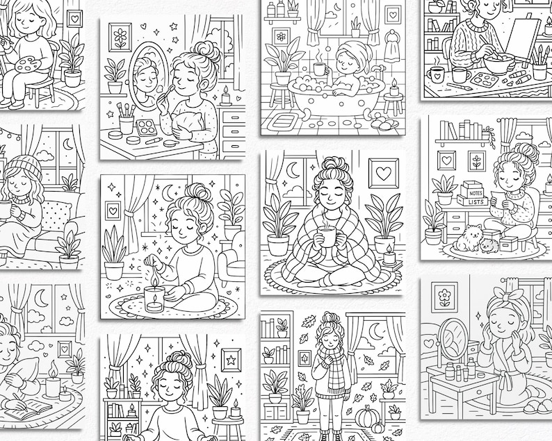Cozy Girl Coloring Book Printable – Cute Aesthetic Self-Care Coloring Pages, Relaxing Stress-Relief Art, Digital Coloring Book PDF, 50+ Page