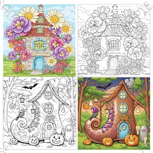 May include: Four images of whimsical houses. The top left image shows a colorful house with flowers. The top right image is a black and white outline of the same house. The bottom left image is a black and white outline of a house shaped like a shoe. The bottom right image is a colored version of the shoe house.