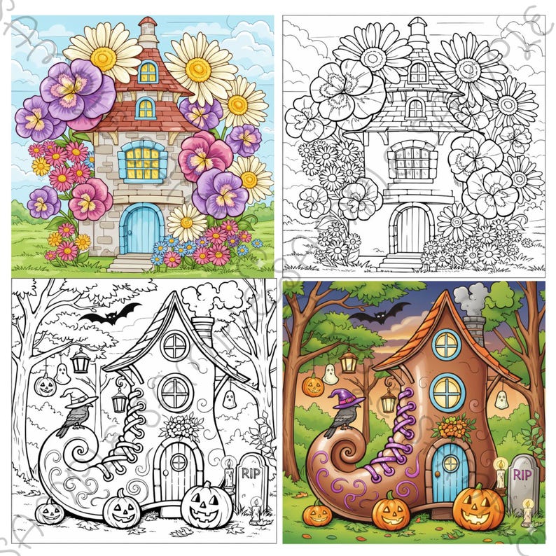 May include: Four images of whimsical houses. The top left image shows a colorful house with flowers. The top right image is a black and white outline of the same house. The bottom left image is a black and white outline of a house shaped like a shoe. The bottom right image is a colored version of the shoe house.