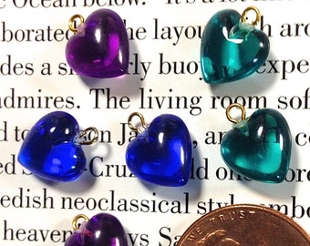 Mini Heart Charms, Resin hearts with Metal Loops, Puffed Heart Charms, Jewel colored Hearts x 12