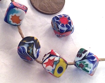 5 Venetian Millefiori Square Shaped Beads 8 mm, Vintage Murano Glass Bead, Moretti Studio