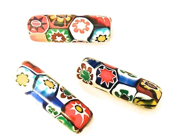 2 Vintage ART GLASS Beads, Italian Millefiori Barrel Beads, 9mm x 30mm