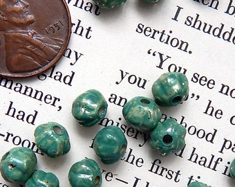 Green Patina Beads, Melon Beads, Fluted Green Beads, Large Holes 3mm, 20 pieces, Quantity Saving