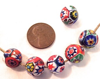 E93//1 Blue Hand Painted Flower Barrel Clear Glass Beads Pack of 4