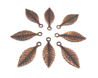 8 Copper Ox Finished Metal Leaf Findings with Loop, Autumn Leaf Charms, Made in USA