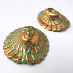 2 Egyptian Revival Findings, Stamping of Egyptian Woman, Green Patina finished disc. High Dome metal Stamping image 2