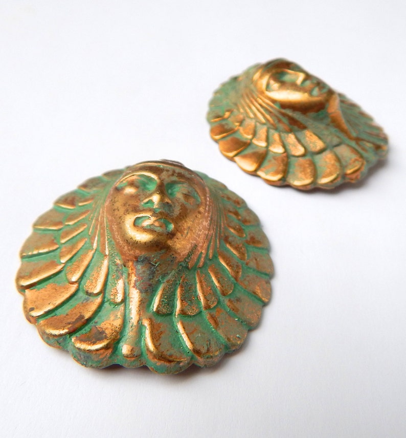 2 Egyptian Revival Findings, Stamping of Egyptian Woman, Green Patina finished disc. High Dome metal Stamping image 2