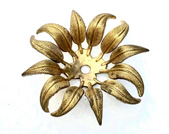 2 Brass Leaf Flowers/Wheels, Vintage Findings, Made in USA, Pin Wheel Leaf Stamping