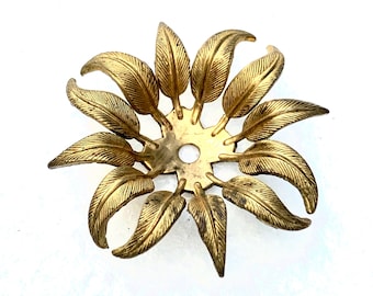 2 Brass Leaf Flowers/Wheels, Vintage Findings, Made in USA, Pin Wheel Leaf Stamping