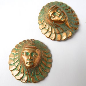 2 Egyptian Revival Findings, Stamping of Egyptian Woman, Green Patina finished disc. High Dome metal Stamping image 1