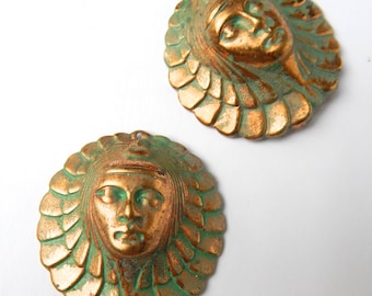 2 Egyptian Revival Findings, Stamping of Egyptian Woman, Green Patina finished disc. High Dome metal Stamping