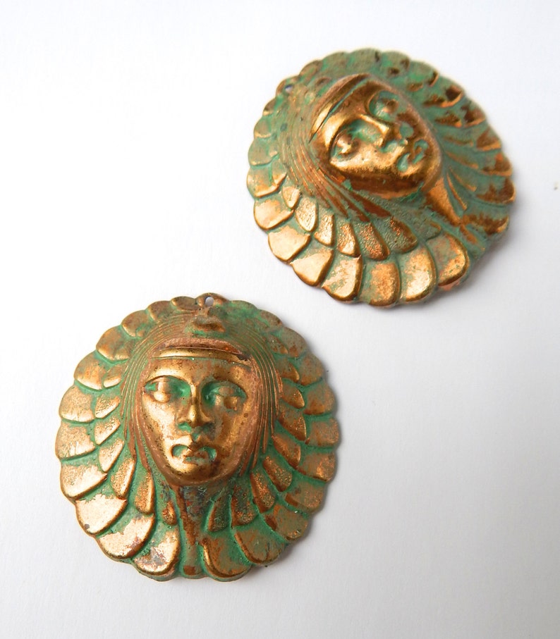 2 Egyptian Revival Findings, Stamping of Egyptian Woman, Green Patina finished disc. High Dome metal Stamping image 1