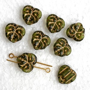 Maple Leaf Glass Beads with 2 double holes, Olive Green Leaves with Gold Accent, 24 Czech Beads image 2