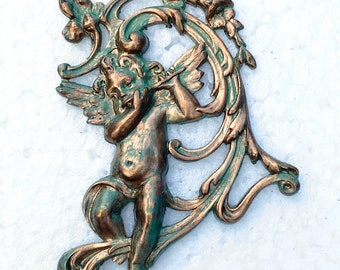 Angel with Flute,  Cherub Playing Flute, Patina Brass Finding x 2