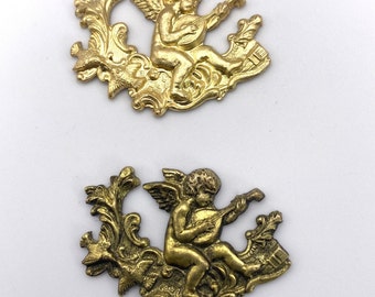 Cupid Playing a Song, Valentine's Day, Vintage Metal Stampings x 2