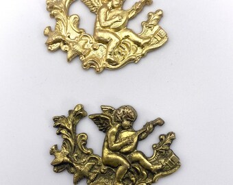 Cupid Playing a Song, Valentine's Day, Vintage Metal Stampings x 2