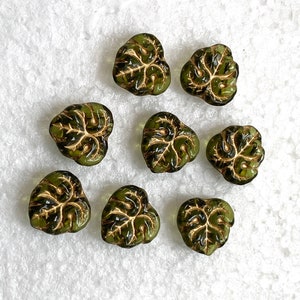 Maple Leaf Glass Beads with 2 double holes, Olive Green Leaves with Gold Accent, 24 Czech Beads image 3