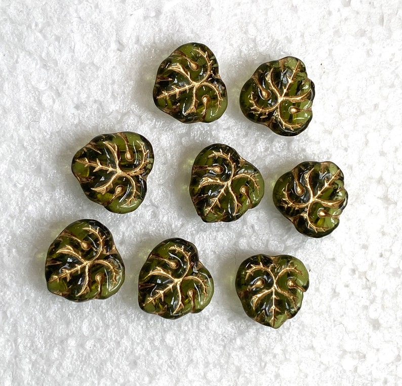 Maple Leaf Glass Beads with 2 double holes, Olive Green Leaves with Gold Accent, 24 Czech Beads image 3