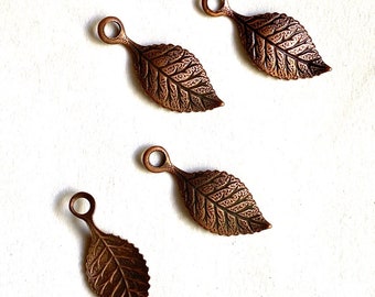 Metal Leaf Findings with Loop, Copper Ox Plated Leaf Charms x 6