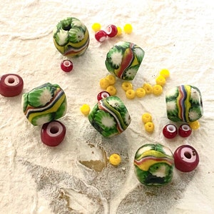 African Trade Beads, Trade beads with Red Blue & Yellow Center Stripe, Antique Round Trade Beads x 6