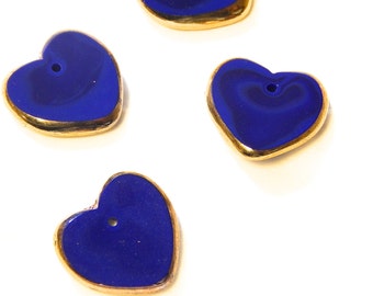 Vintage Japanese Glass Hearts with Fired Gold Edge,  Cobalt Blue Glass Heart Charms, x 4