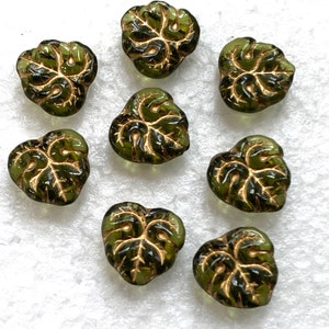Maple Leaf Glass Beads with 2 double holes, Olive Green Leaves with Gold Accent, 24 Czech Beads image 1